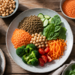Assiette équilibrée en plongée : lentilles, pois chiches, pain complet, légumes frais et huile de colza sur une table en bois