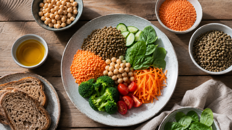 Assiette équilibrée en plongée : lentilles, pois chiches, pain complet, légumes frais et huile de colza sur une table en bois