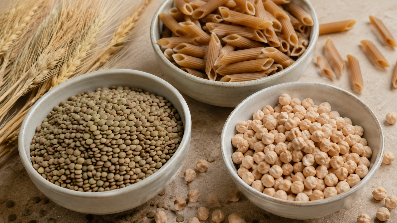 Bols de lentilles, pois chiches et pâtes complètes sur une surface neutre