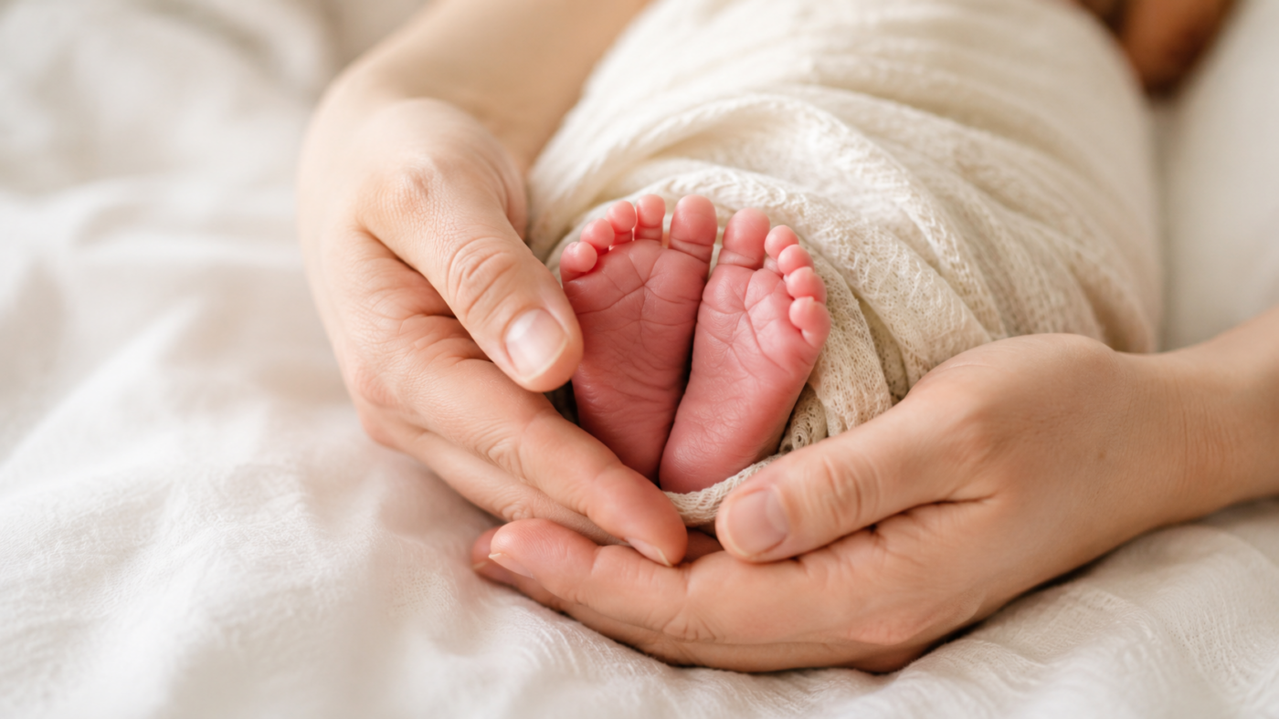 Des mains d'adulte tiennent delicatement les petits pieds emmaillotes d'un nouveau-ne sur une couverture claire