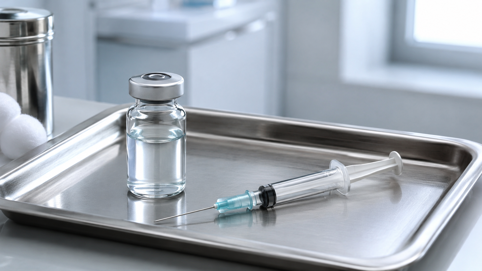 Un flacon de verre vierge et une seringue preparee poses sur un plateau en acier inoxydable