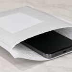 Téléphone générique posé dans une enveloppe de retour matelassée ouverte sur un comptoir clair, étiquette vierge