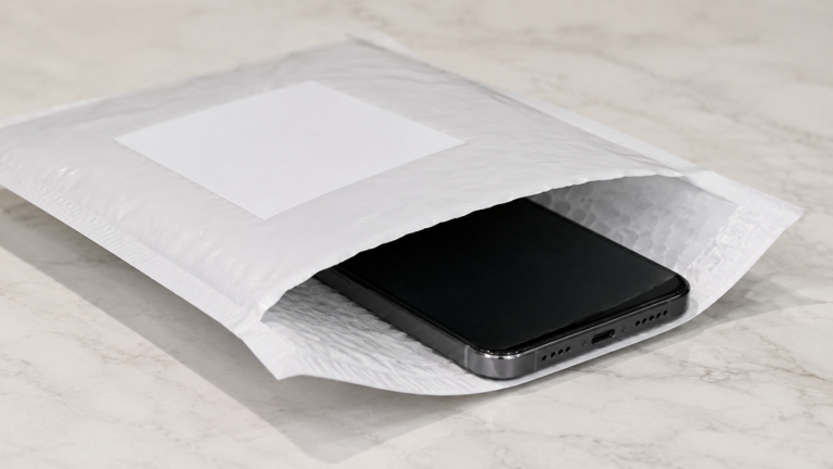 Téléphone générique posé dans une enveloppe de retour matelassée ouverte sur un comptoir clair, étiquette vierge