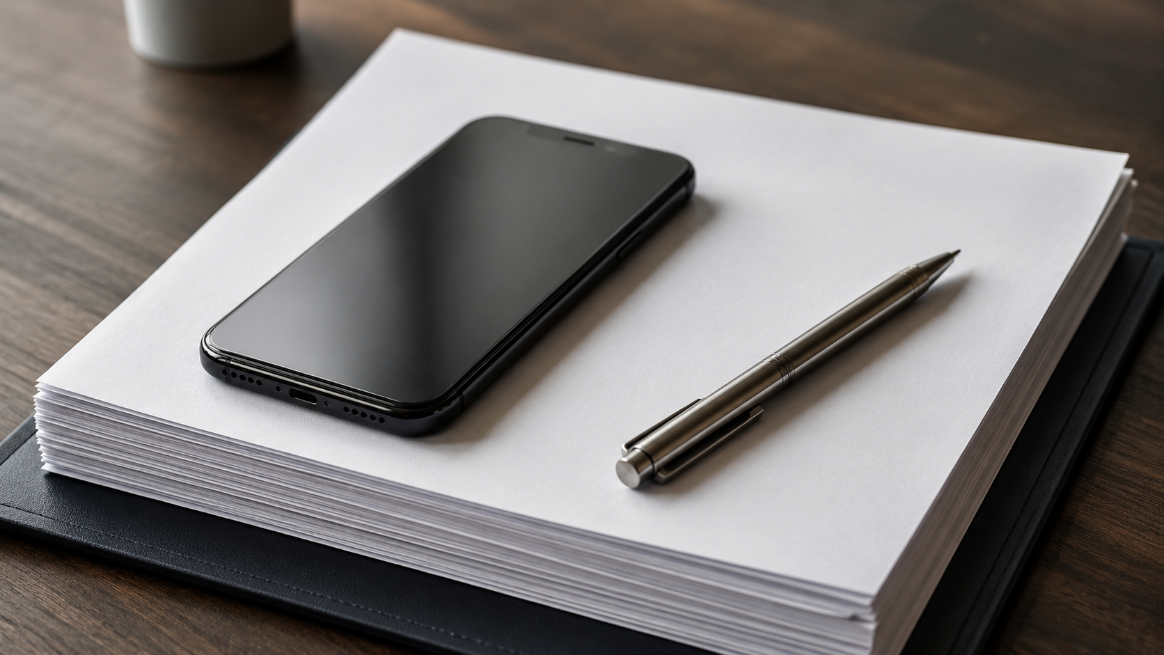 Téléphone générique posé sur une pile épaisse de pages de contrat vierges, un stylo en diagonale sur les feuilles