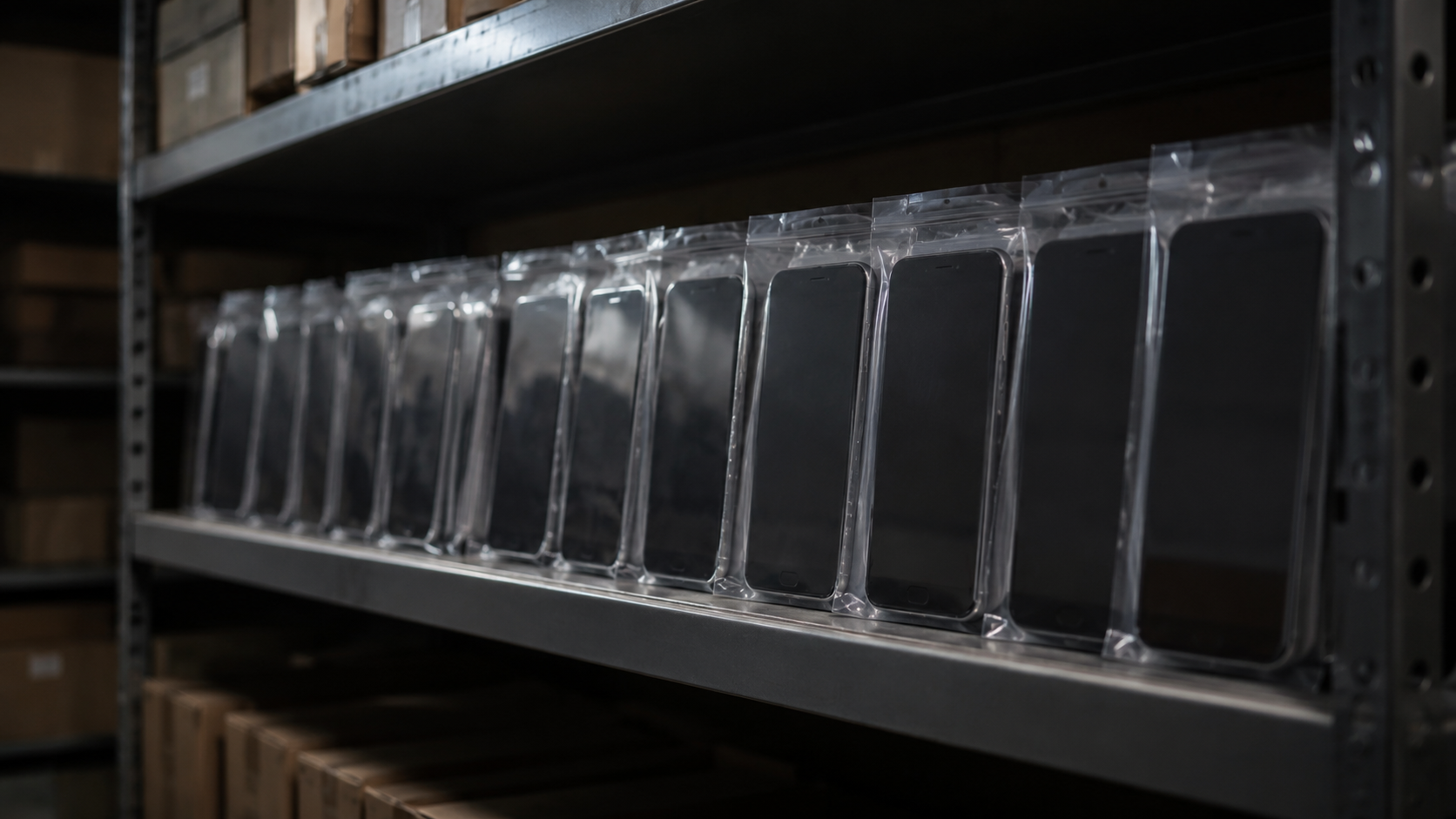 Rangée d'appareils génériques identiques sous pochette transparente alignés sur une étagère métallique dans une réserve sombre