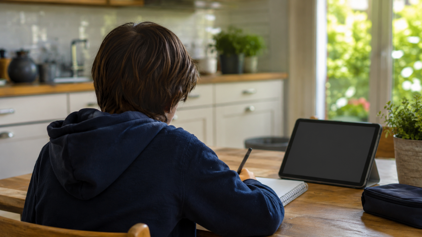 Un enfant revise avec une tablette et un cahier a la table de la cuisine en ete.