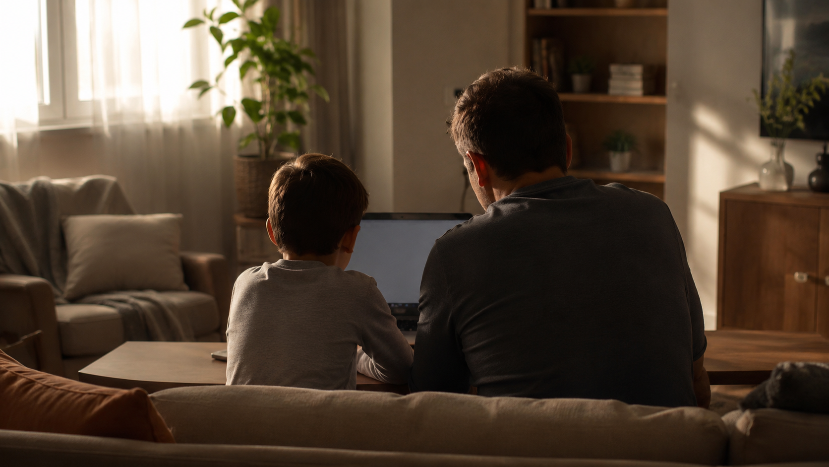 Un parent et un enfant vus de dos devant un ordinateur portable dans un salon.