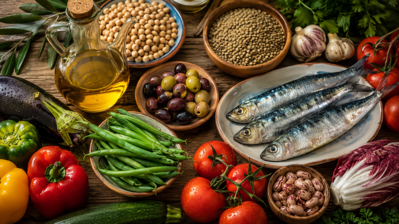 Une table méditerranéenne avec huile d'olive, légumes frais, poisson et légumineuses sur un plan de bois.