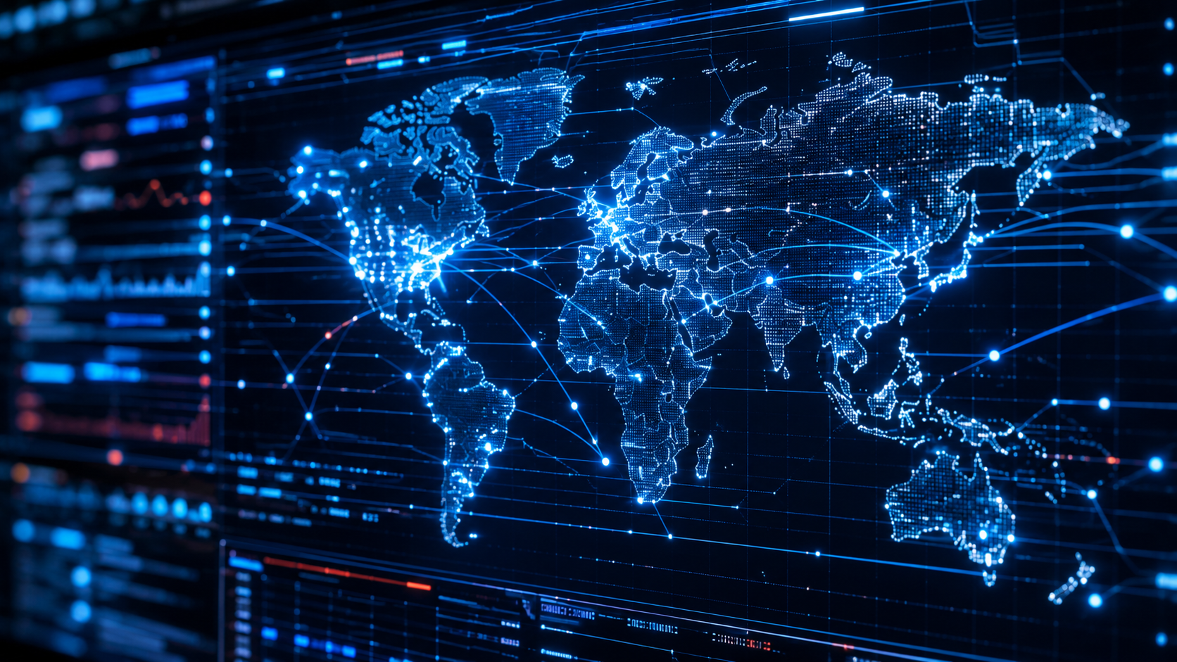 Tableau de bord sombre affichant des lignes de connexions anonymes et une carte du monde stylisée