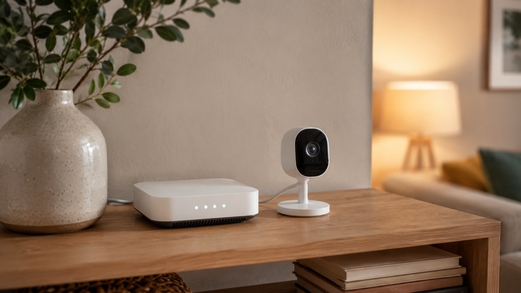 Box internet et petite caméra connectée posées sur une étagère dans un salon