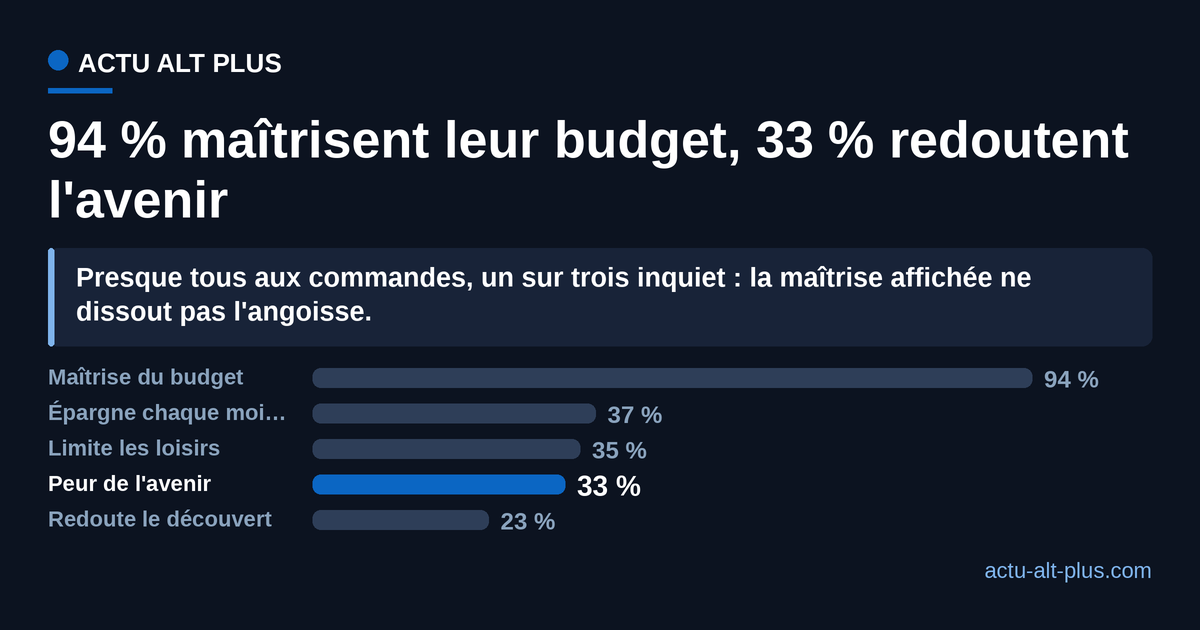 Rapport des 18-34 ans à l'argent : 94 % maîtrisent leur budget, 37 % épargnent chaque mois, 35 % limitent leurs loisirs, 33 % redoutent l'avenir, 23 % craignent le découvert.