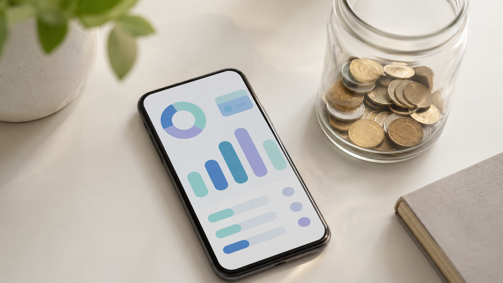 Smartphone affichant un tableau de bord de budget abstrait à côté d'un pot d'épargne avec quelques pièces