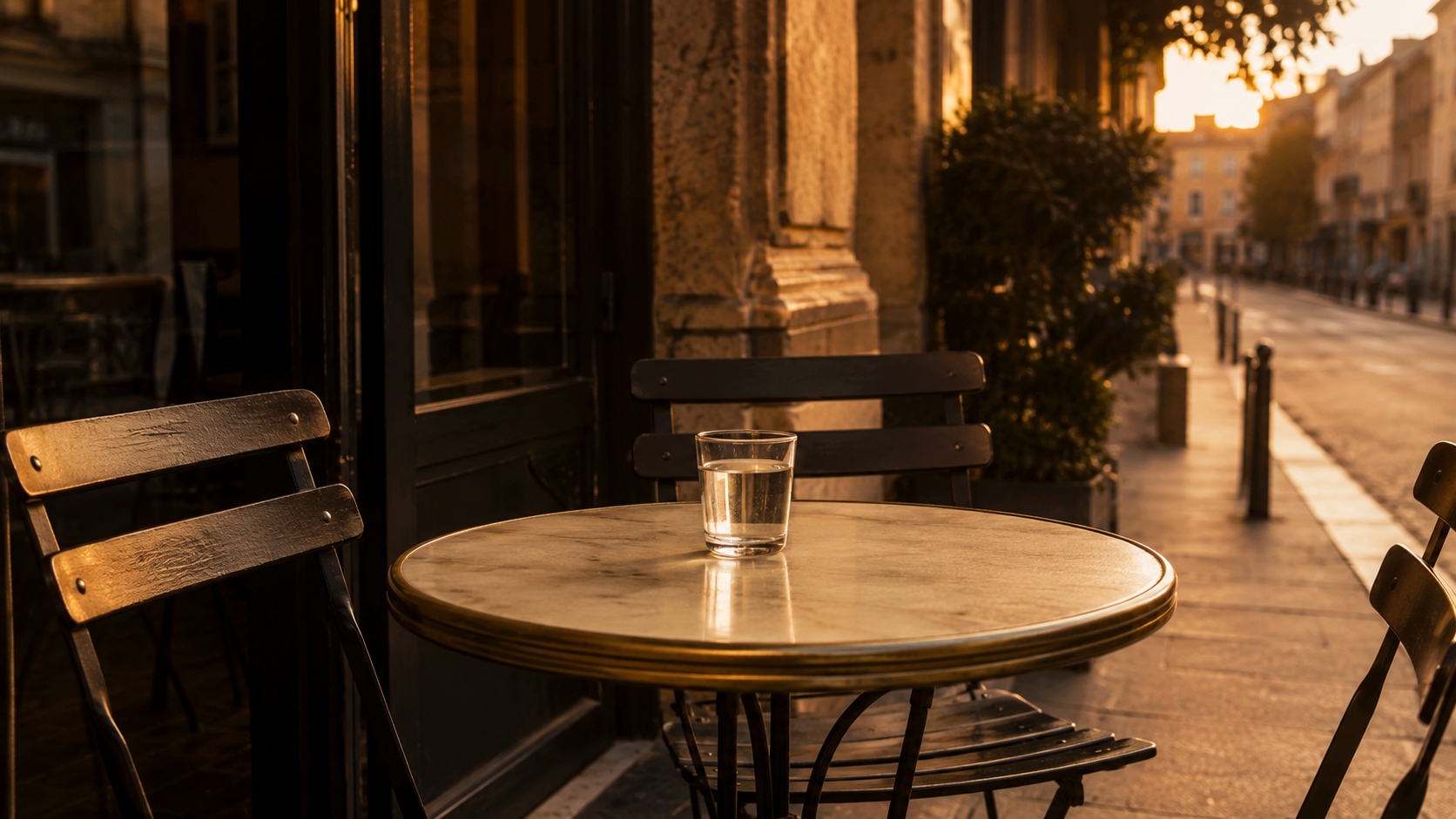 Table de terrasse de café vide avec un verre d'eau et des chaises repliées dans la lumière du soir