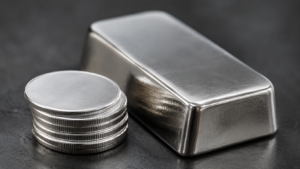 Pile de pieces d'argent poli et un lingot d'argent poses sur une surface sombre sous une lumiere douce