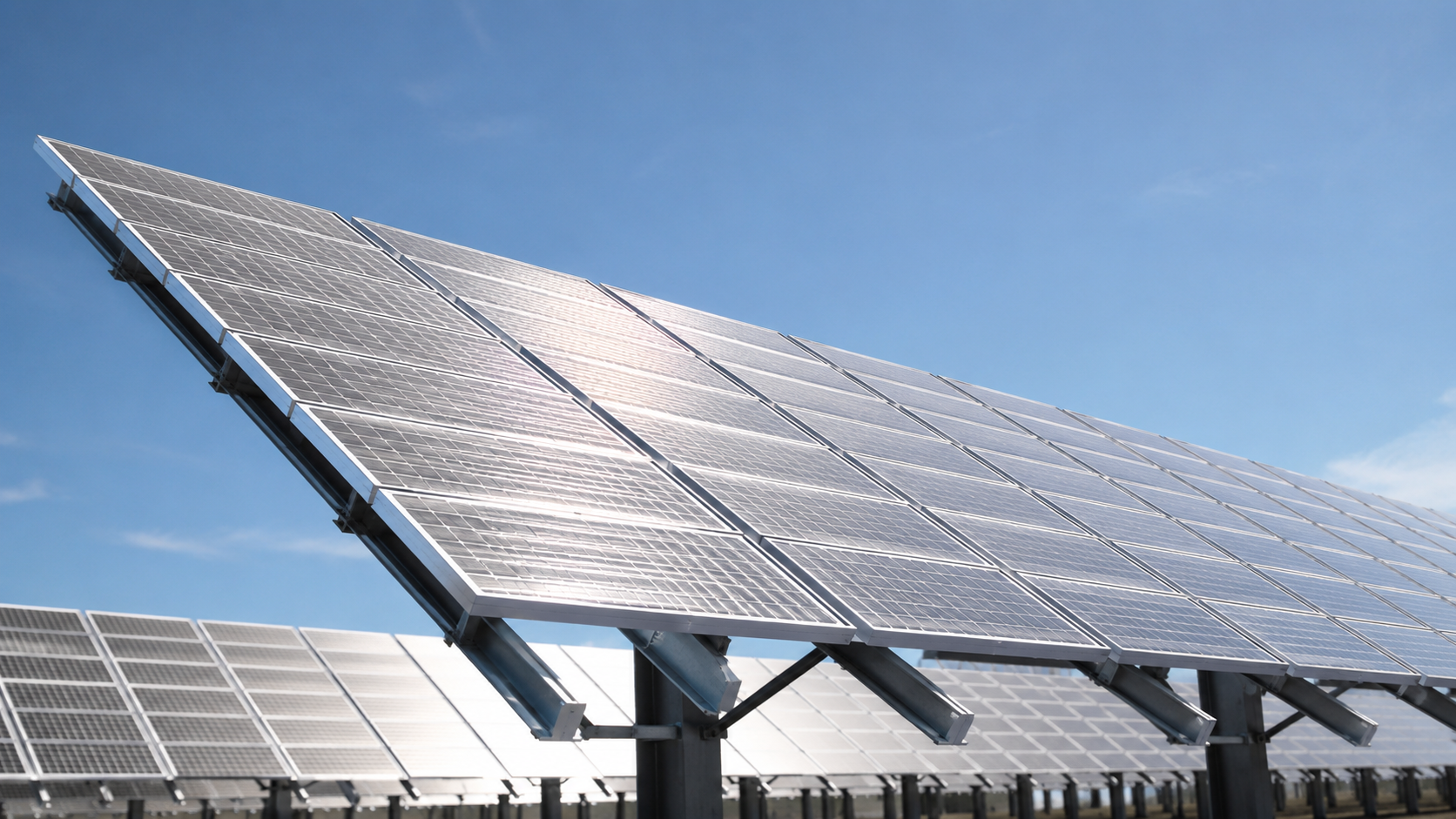 Rangees de panneaux solaires photovoltaiques vues en contre-plongee, reflets sur les cellules