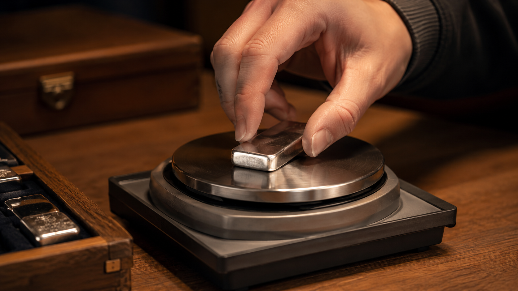 Mains anonymes pesant un petit lingot d'argent sur une balance de precision, sur un comptoir en bois