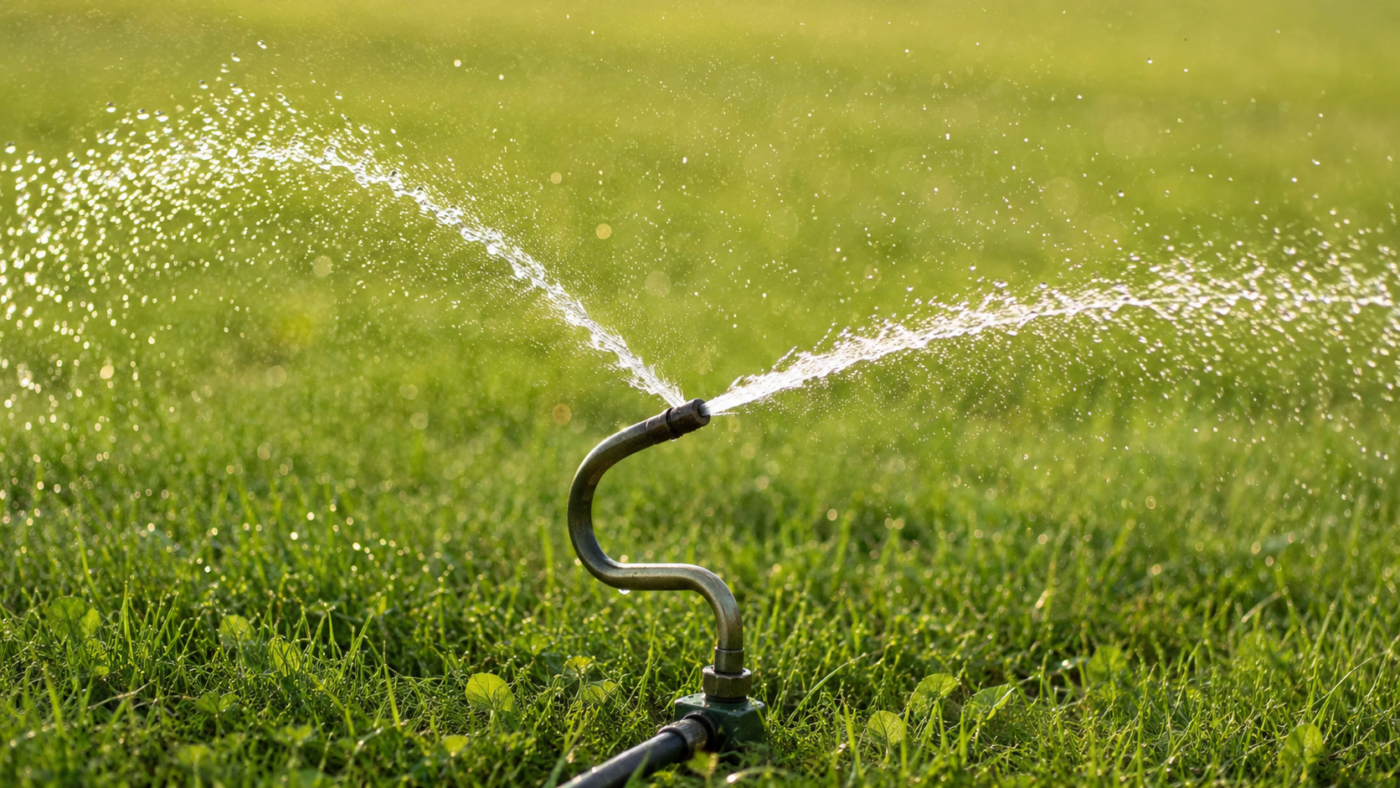 Un arroseur de pelouse en métal en forme de S projetant deux arcs d'eau dans un jardin ensoleillé