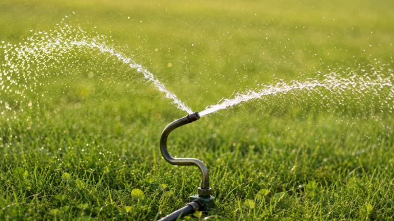 Un arroseur de pelouse en métal en forme de S projetant deux arcs d'eau dans un jardin ensoleillé
