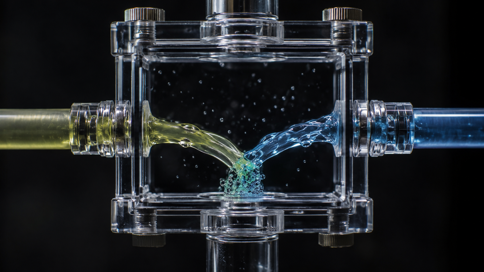 Deux fins jets d'eau colorés se percutant légèrement de côté dans une chambre transparente