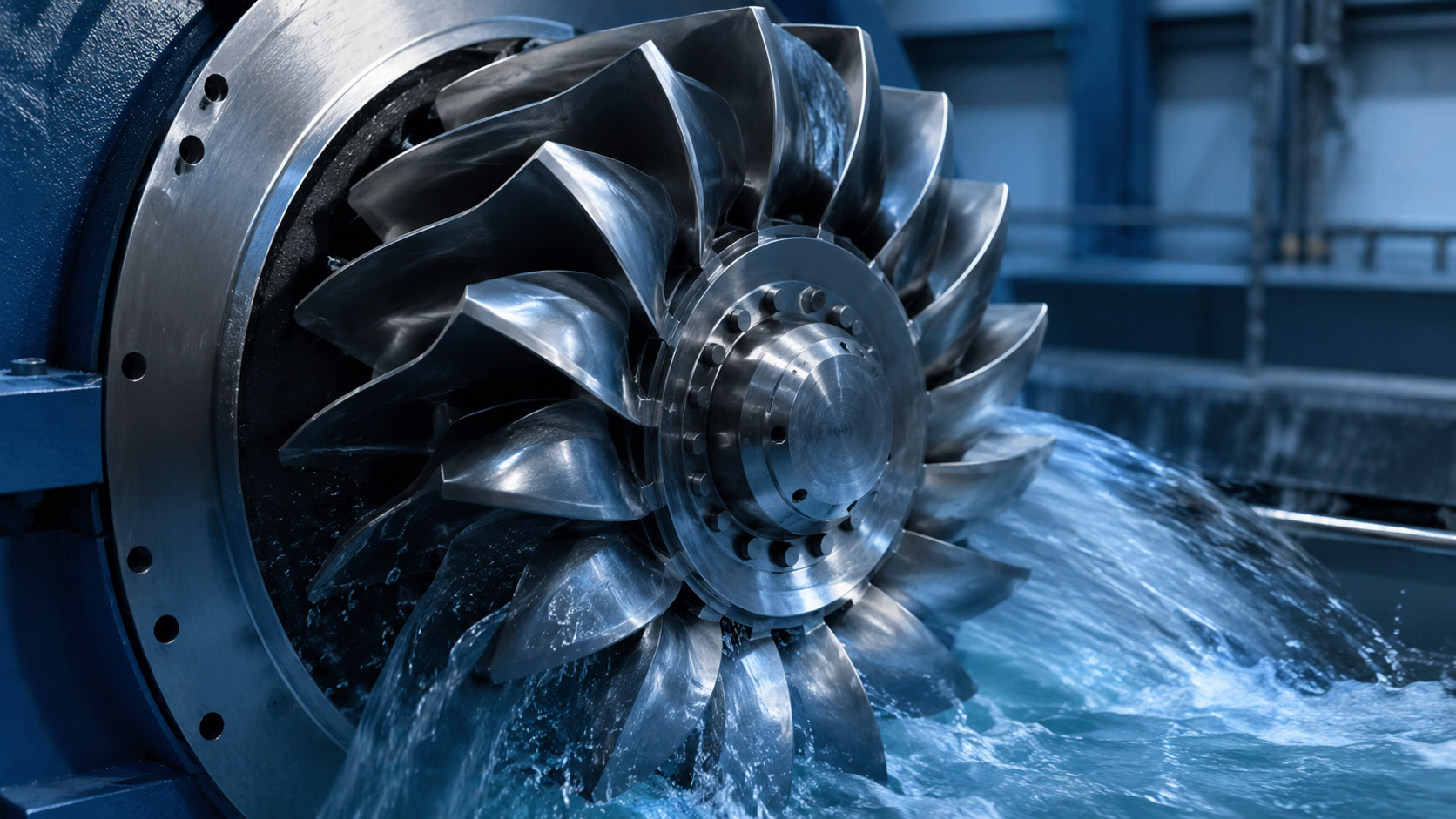 Une roue de turbine hydraulique en métal aux pales courbes traversée par un filet d'eau