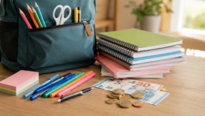 Fournitures scolaires neuves posées sur une table à côté de pièces et de billets en euros