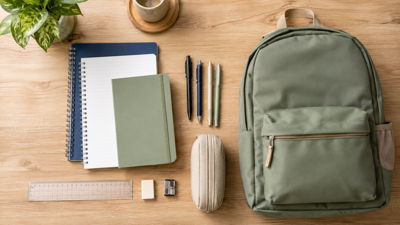 Cahiers, stylos et cartable neufs disposés sur une table