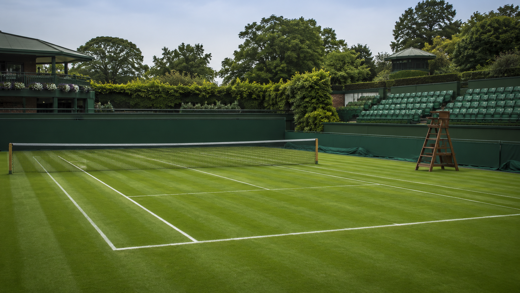 Court de tennis en gazon vide, lignes blanches nettes et chaise d'arbitre en bois