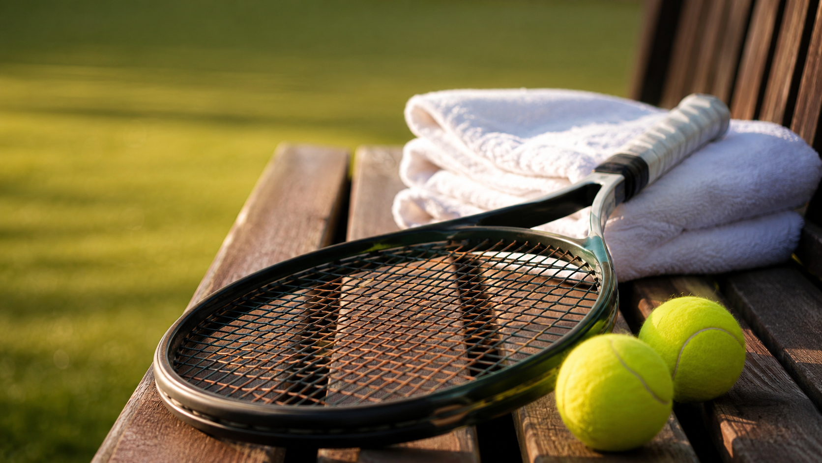 Raquette de tennis et deux balles sur un banc en bois au bord d'un court en gazon