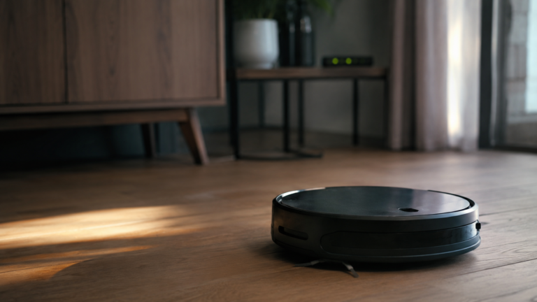 Un aspirateur robot generique immobile sur un parquet clair, une box internet en arriere-plan flou