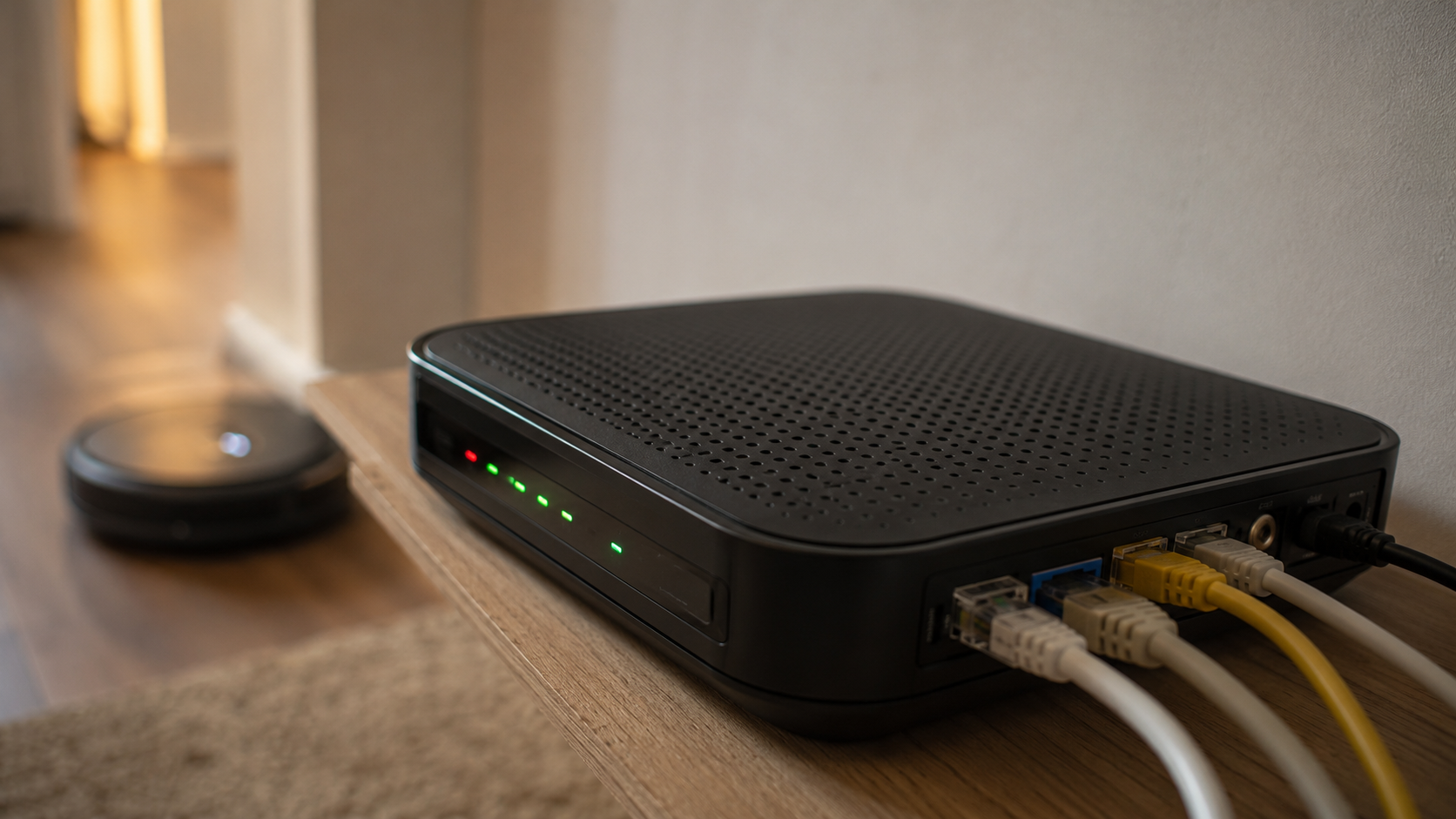 Une box internet avec ses voyants et ses cables reseau, un aspirateur robot flou en arriere-plan