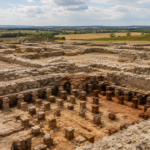 Fouille archéologique en plein air de fondations d'une villa romaine, murs bas et sol d'hypocauste dégagés dans la terre, campagne à l'horizon