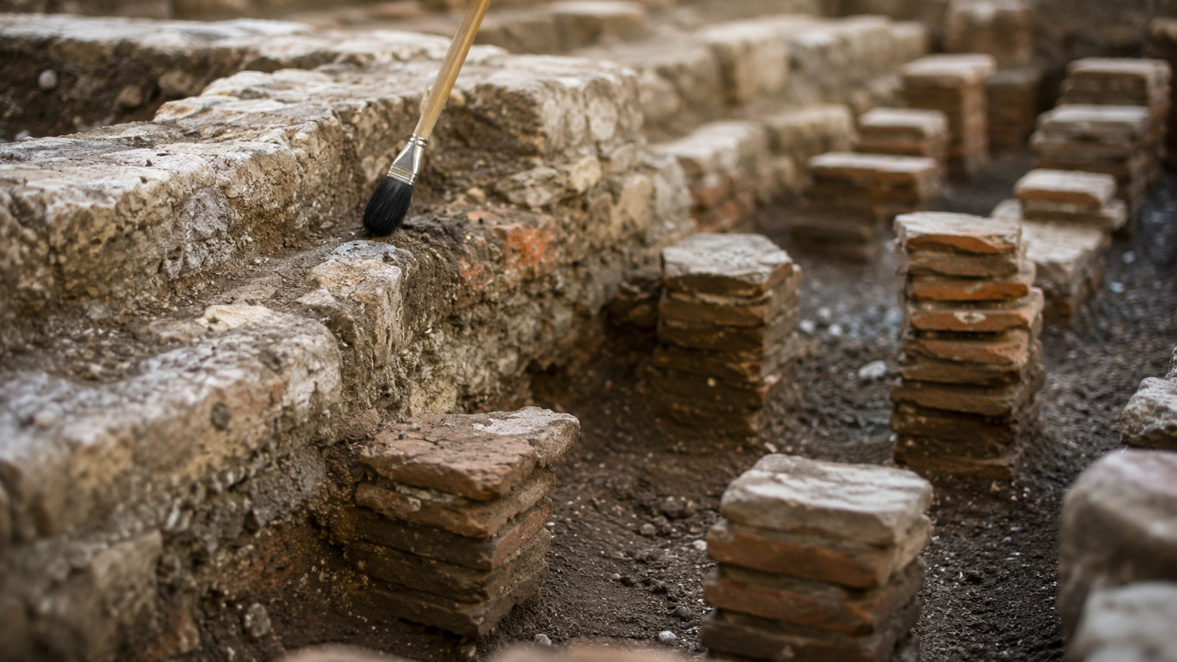 Gros plan d'une main d'archéologue nettoyant à la truelle une fondation de mur antique et des piles de briques d'hypocauste