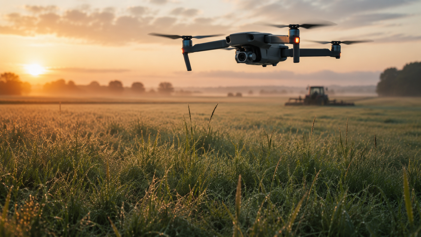 Un drone quadricoptère survole une prairie de fauche couverte de rosée au lever du jour