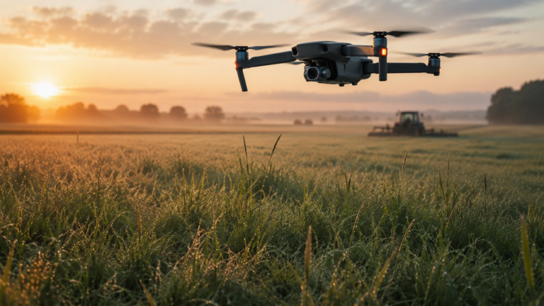 Un drone quadricoptère survole une prairie de fauche couverte de rosée au lever du jour