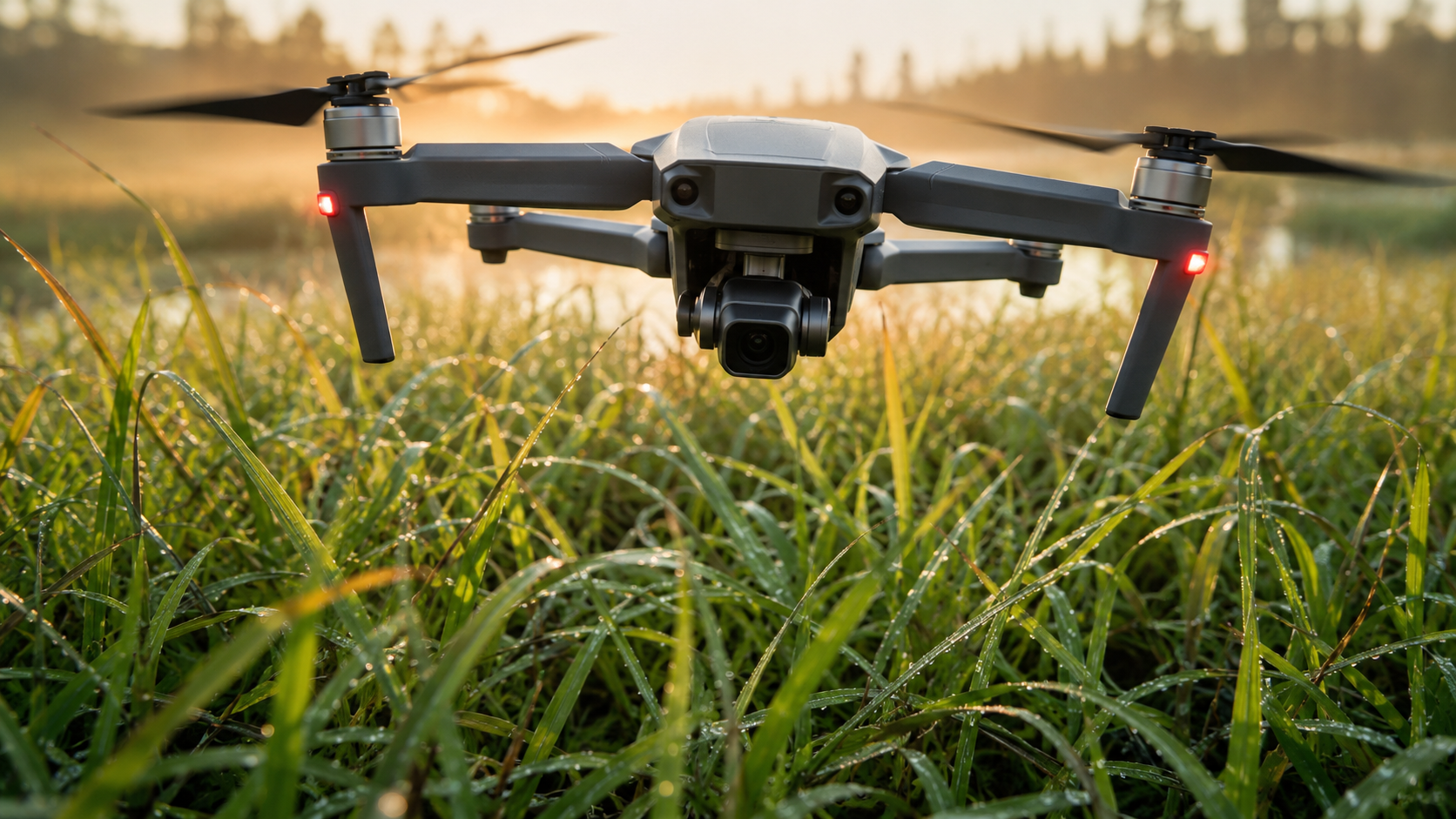 Gros plan d'un drone volant au ras des hautes herbes couvertes de rosée au petit matin