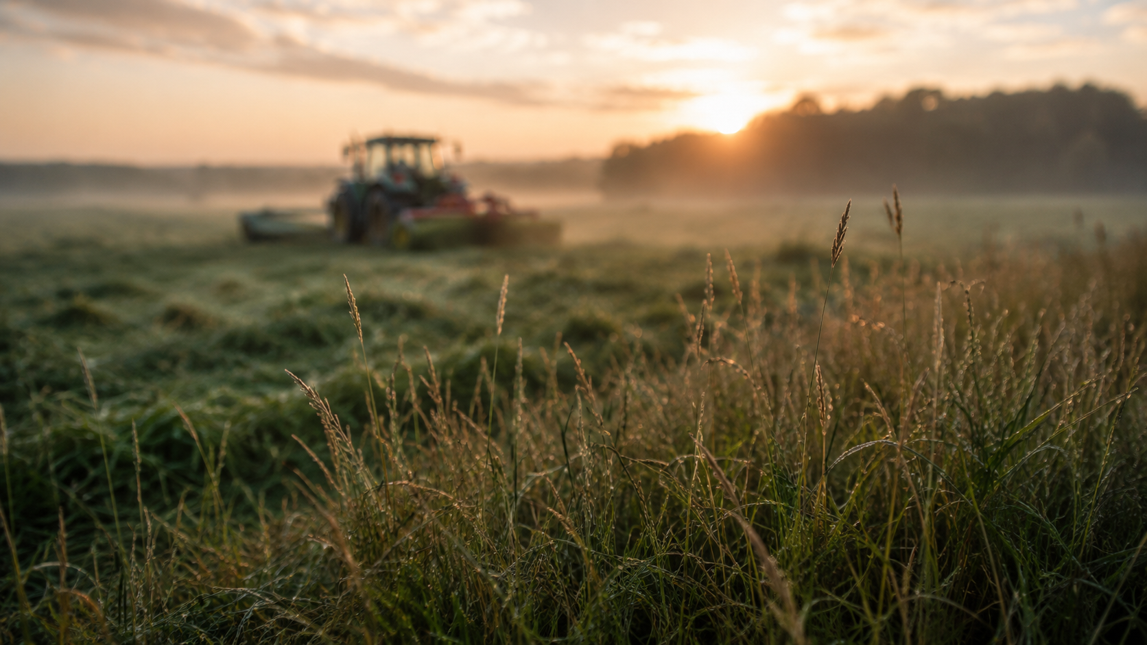 Un tracteur faucheuse coupe une prairie au loin, flou, à la lumière du petit matin