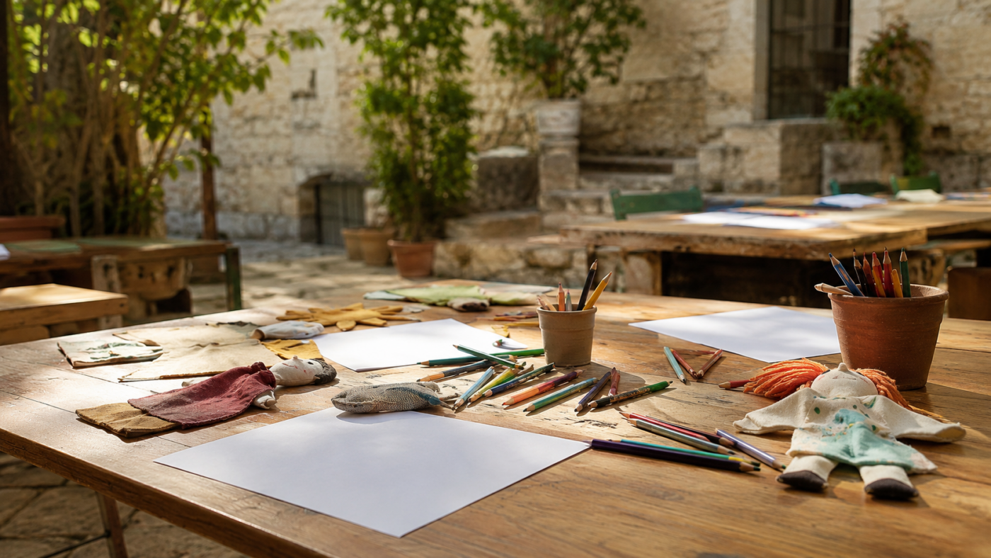 Un enfant et un parent installés à une table d'activités dans une cour d'école ensoleillée.
