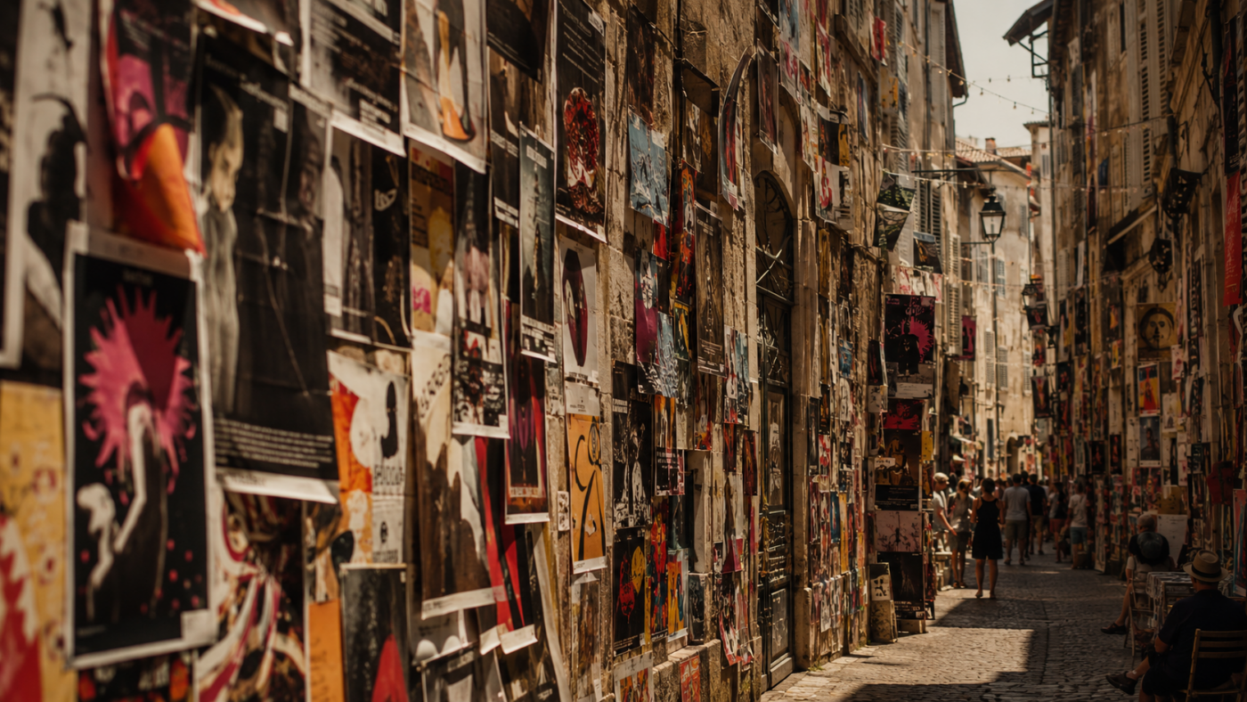 Une ruelle d'Avignon aux murs entièrement couverts d'affiches de spectacle qui se chevauchent