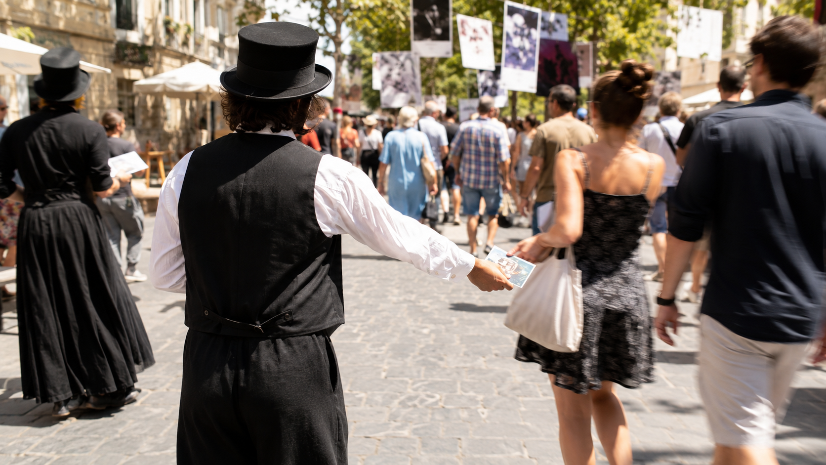 Des comédiens de rue anonymes vus de dos distribuant des tracts à des passants