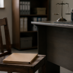 Une petite chaise en bois vide face à un bureau sobre, un dossier cartonné fermé posé dessus
