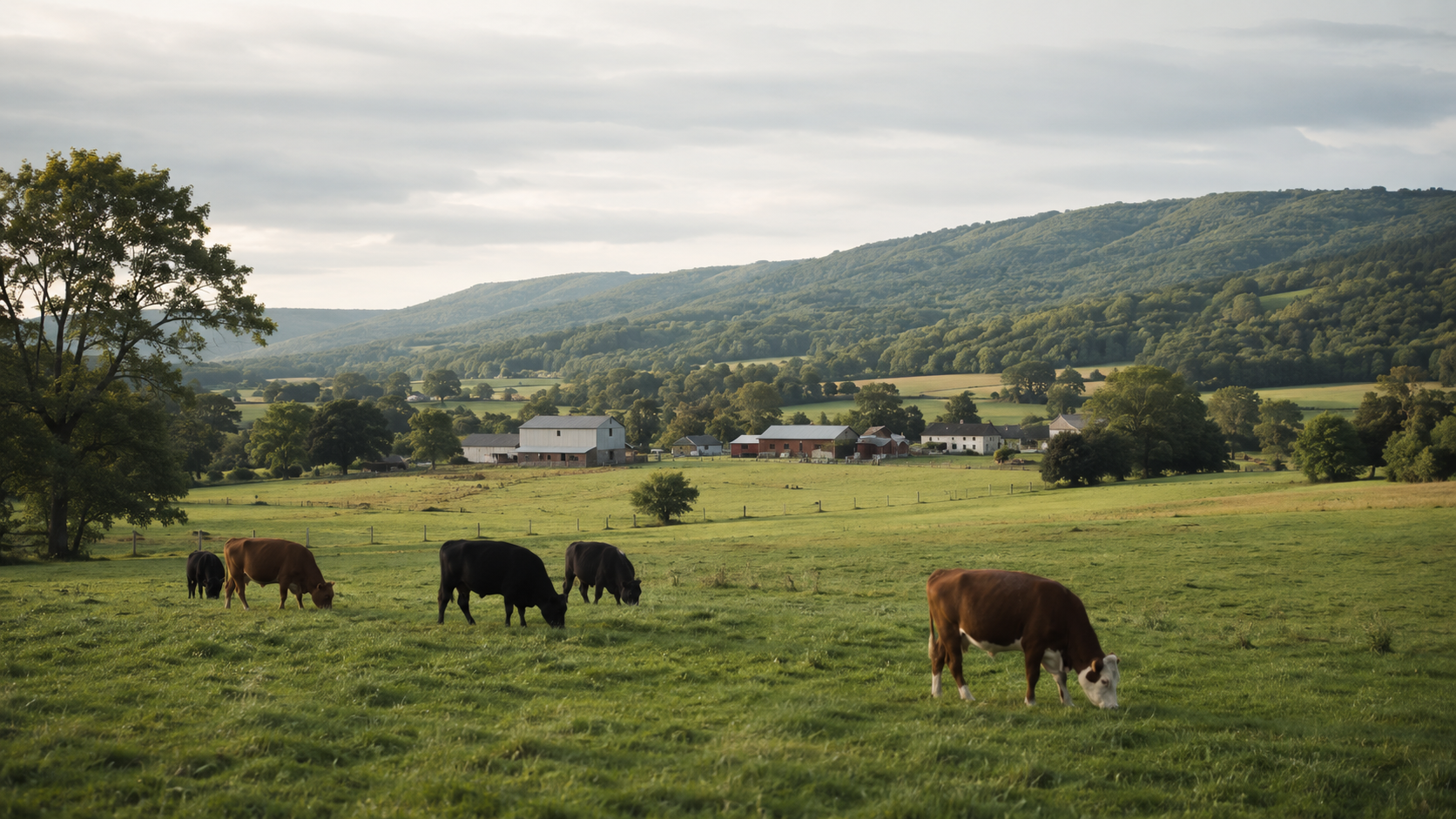 Une ferme d'élevage bovin vue de loin, quelques vaches au pâturage