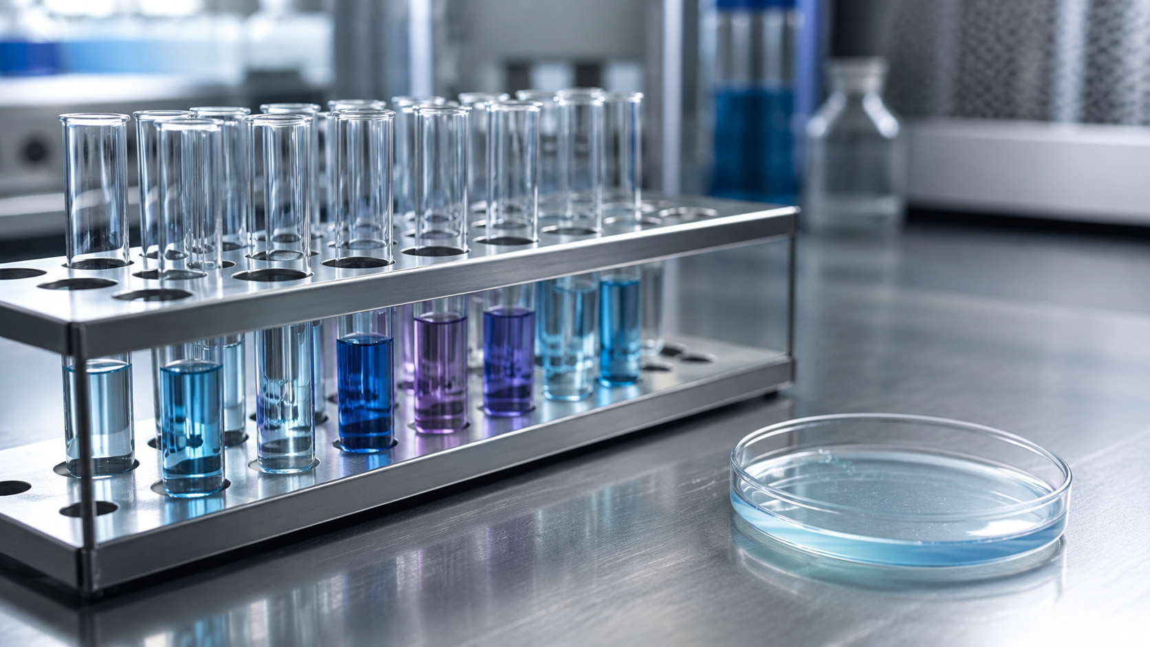 Un portoir d'éprouvettes et une boite de Petri sur une paillasse de laboratoire
