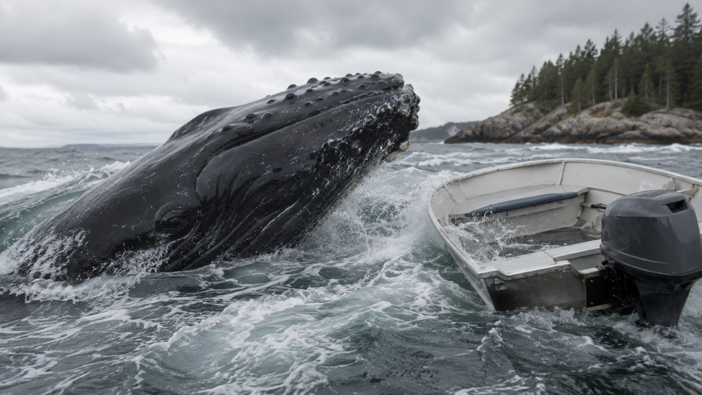 Une baleine a bosse surgit a cote d'un petit bateau a moteur sur une mer cotiere grise