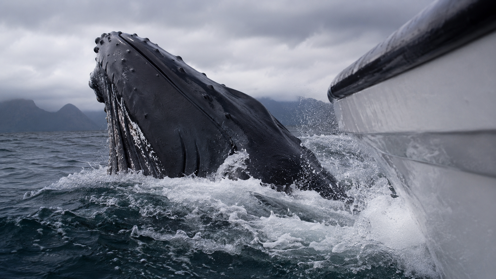 Une baleine a bosse perce la surface tout pres de l'arriere d'un petit bateau