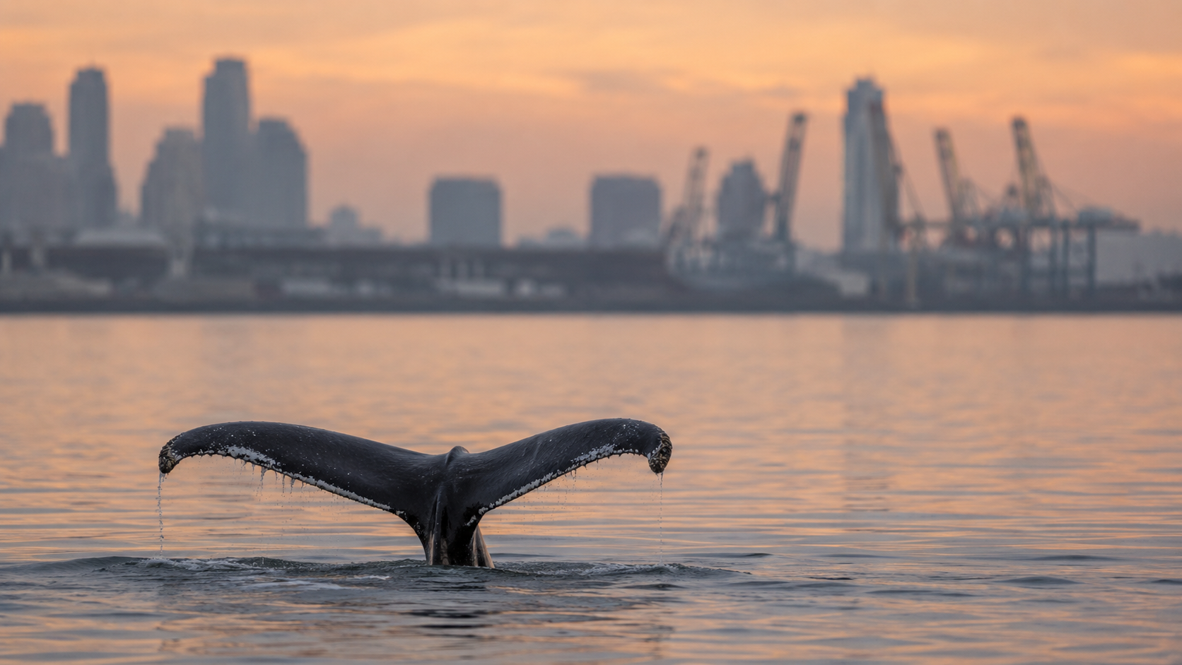 La nageoire caudale d'une baleine a bosse emerge d'un estuaire, un port flou au loin