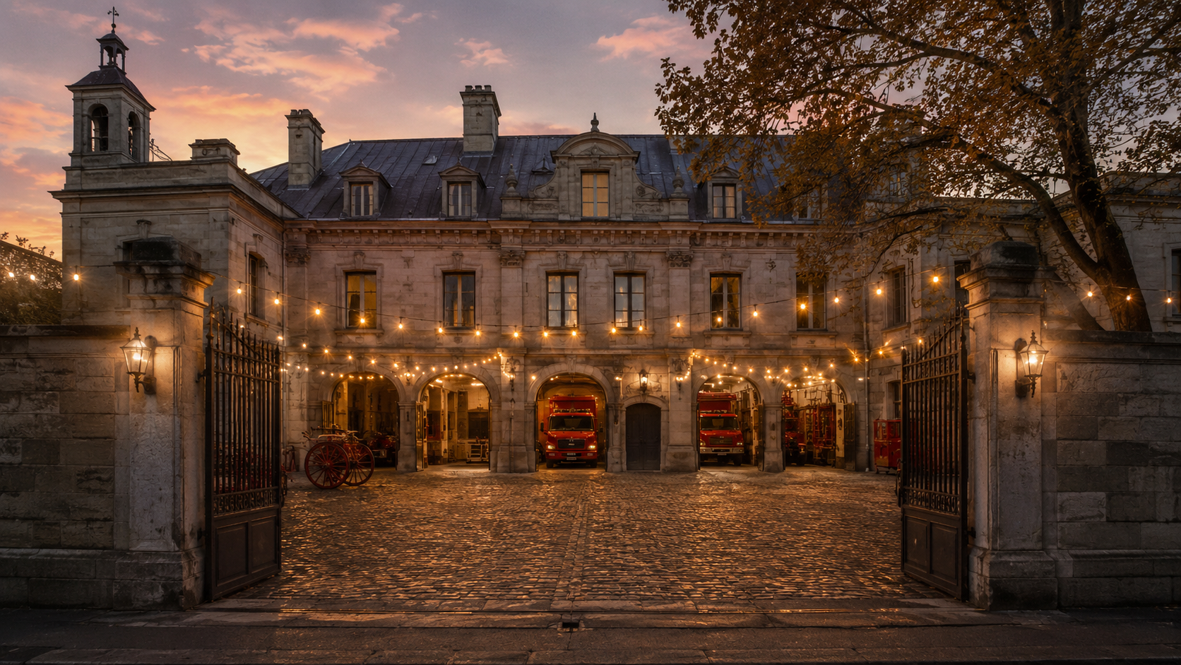 Facade et cour d'une caserne de pompiers generique au crepuscule, portail ouvert