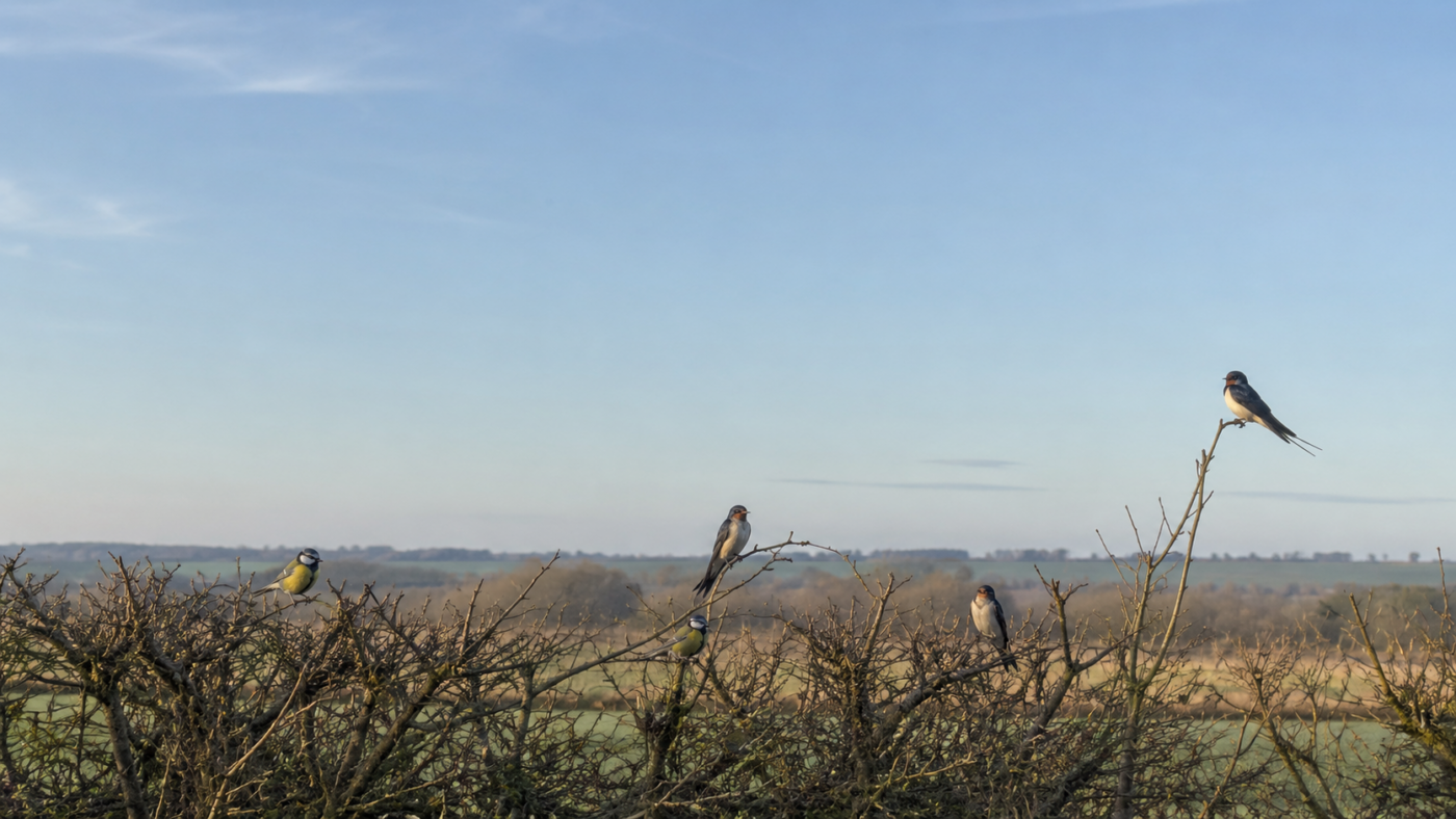 Quelques hirondelles et mésanges posées sur une branche de haie sous un large ciel de campagne française