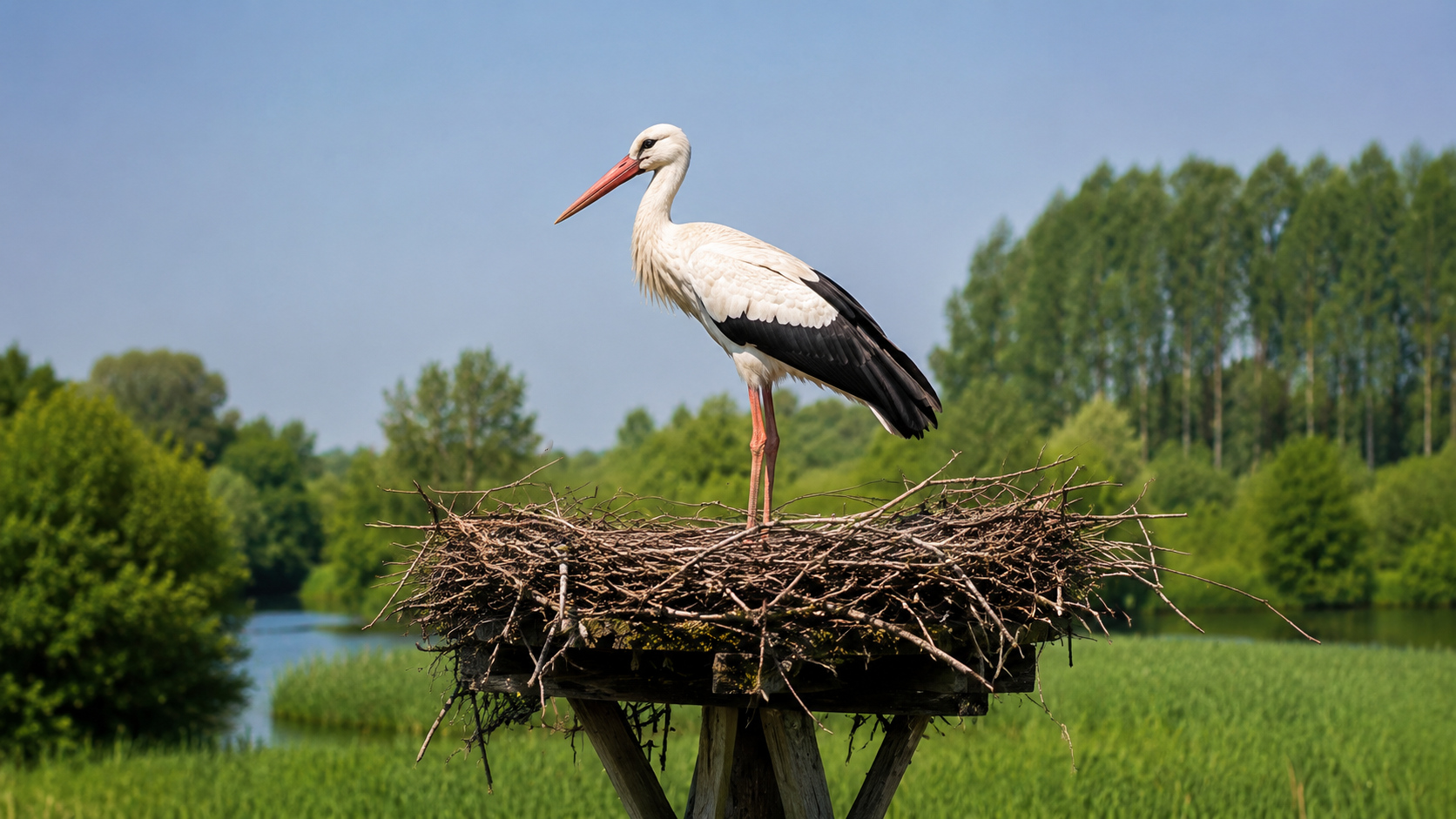 Une cigogne blanche debout sur un grand nid installé sur une plateforme en zone humide