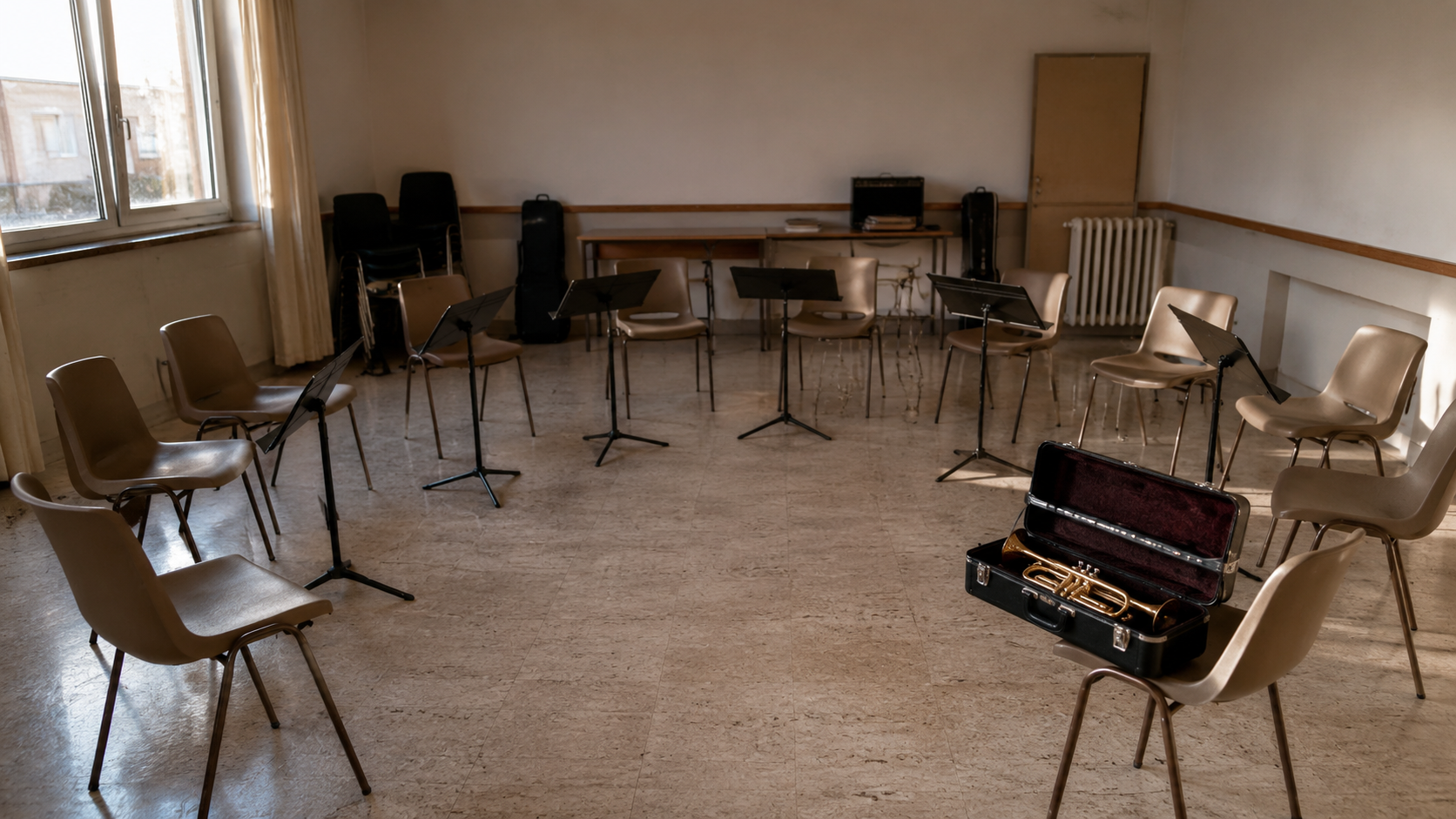 Une salle de répétition vide avec chaises et pupitres en demi-cercle et un étui de trompette ouvert