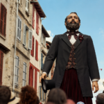 Un géant de procession représentant un homme barbu en redingote, porté au-dessus de la foule dans une rue de vieille ville